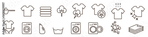 Dryer, washing machine, clean shirt, cotton symbol isolated on transparent background. Lingerie line icons. Self-service laundry, hand washing, laundry service, linear set. Editable Stroke.
