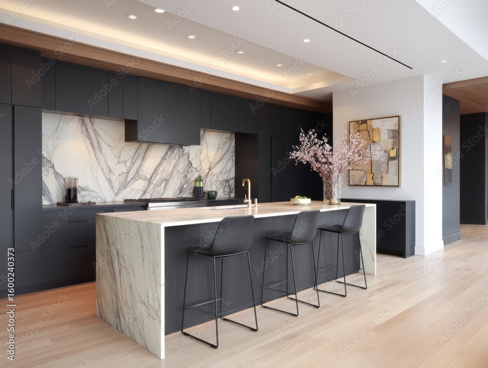 Obraz premium Modern kitchen island with dark cabinets and light marble countertops.