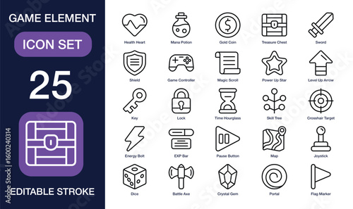 Game Element set of web icons in line style. Containing Health Heart, Mana Potion, Gold Coin, Treasure Chest, Sword, Game Controller, Magic Scroll, and more. Editable stroke