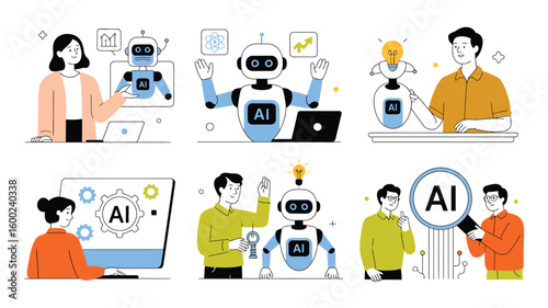 AI and Human Collaboration Vector Collection. Men and Women Interacting with Bots and Virtual Assistants. Machine Learning, Artificial Intelligence Technology Depicted in Clean Linear Vector Style.

