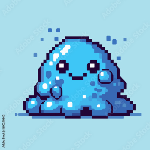 Blue smiling slime with soft edges.	