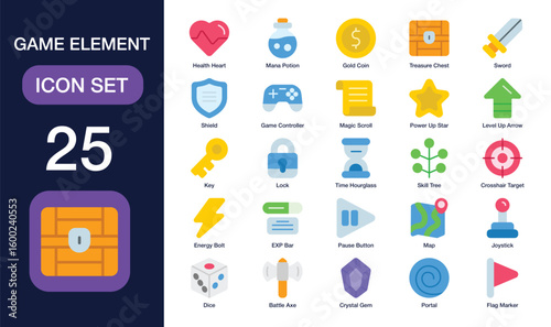 Game Element set of web icons in Flat style. Containing Health Heart, Mana Potion, Gold Coin, Treasure Chest, Sword, Game Controller, Magic Scroll, and more. High Quality