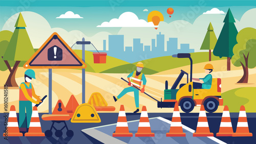 Roadwork scene with crew and machinery construction workers