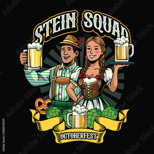 Smiling couple in Oktoberfest outfits holding beer mugs, surrounded by hops and festive elements
