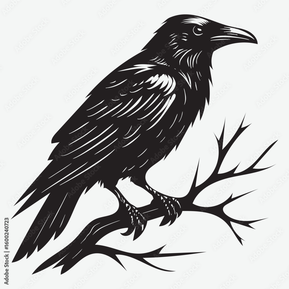 Fototapeta premium Black raven perched on bare branch crow bird