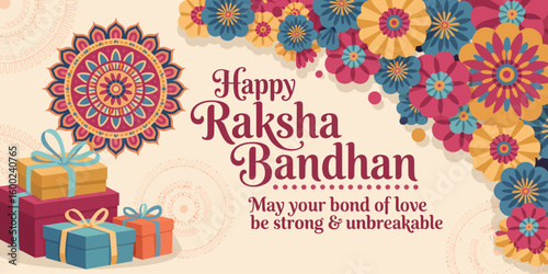 Elegant Raksha Bandhan greeting card with floral mandala, colorful gift boxes, and heartfelt message celebrating sibling love and tradition