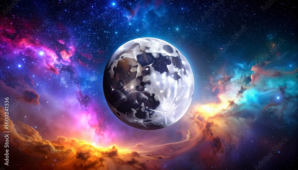 Fototapeta premium The Moon floating near a cosmic gas cloud, colorful nebula in background