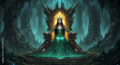 Majestic queen in a green dress sits upon a throne within a fantasy cave environment
