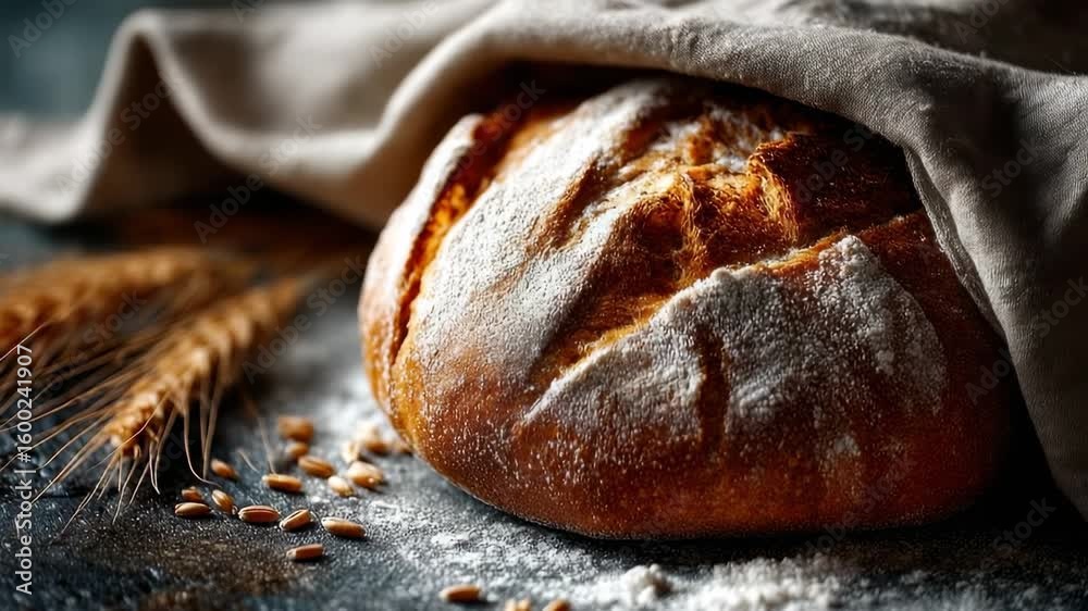 Freshly baked bread rests on a rustic table alongside golden wheat and scattered grains in a cozy kitchen setting