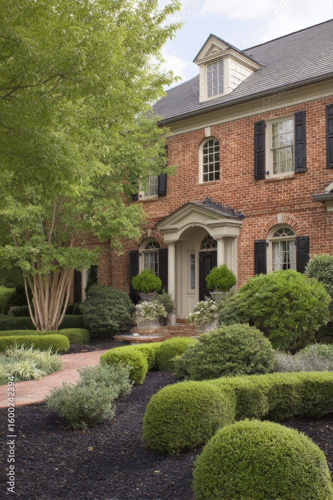 Obraz premium Beautiful brick house surrounded by lush gardens and well-manicured shrubs, showcasing a harmonious blend of architecture and nature in a serene residential area
