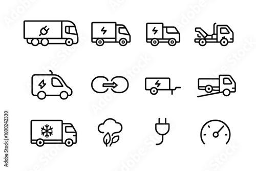 Electric vehicle icons set featuring trucks and charging symbols