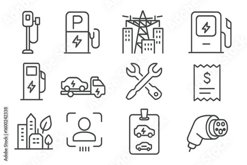 Electric vehicle charging icons: stations, tools, and infrastructure