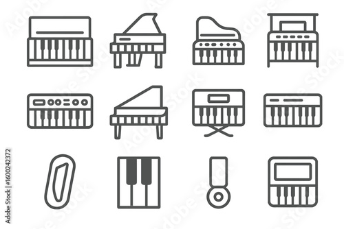 Outline icons of various keyboard instruments on a dark gradient background