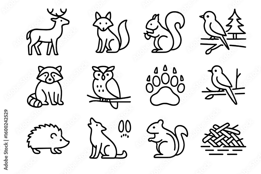Fototapeta premium Simple animal icons: deer, fox, squirrel, bird, raccoon, owl, paw, hedgehog, beaver