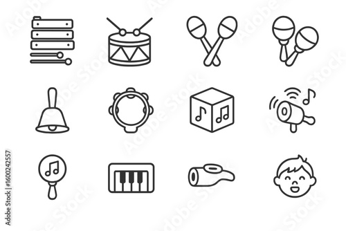 Musical instrument icon set: drums, maracas, bell, keyboard, tambourine