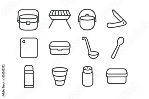 Camping gear icons: stove, grill, pot, cutlery, containers, thermos
