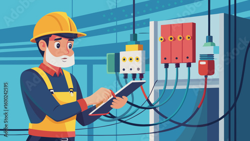 Electrician checking electrical panel with tablet construction wiring