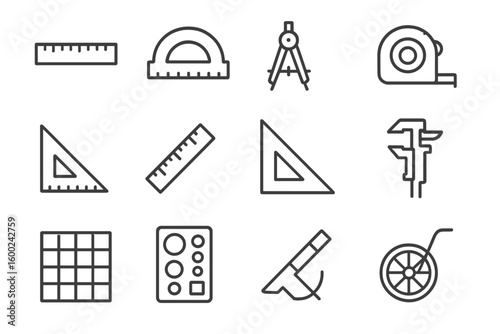 Geometric tools and measuring instruments on metal background