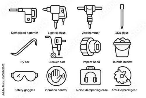 Construction tools icons - hammers, chisels, goggles, and more