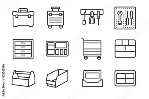 Set of tool storage icons on a dark background
