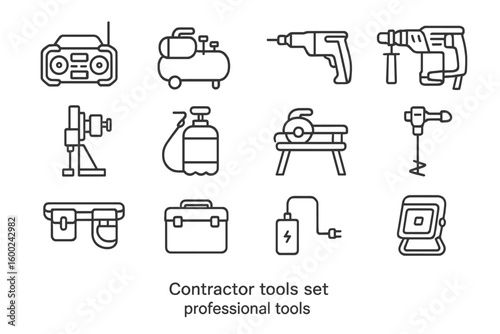 Contractor tool set icons on metallic background