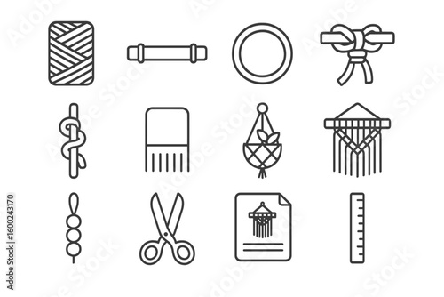 Macrame knot and tool icons on dark background