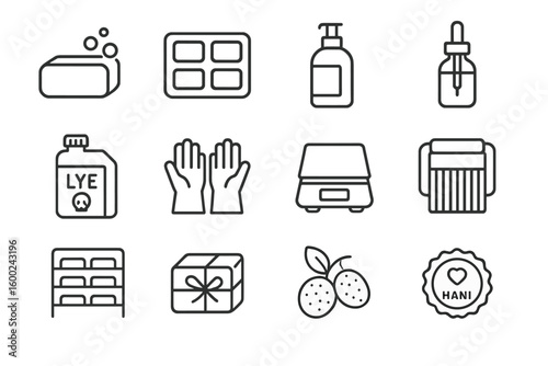 Collection of various icons including soap, hands, packaging, and guava outline