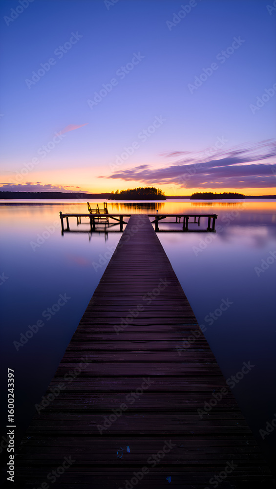 Fototapeta premium A tranquil sunset scene features a wooden dock extending into a calm lake with