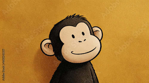 Cute, simple, happy cartoon Monkey portait on a warm light brown background. 