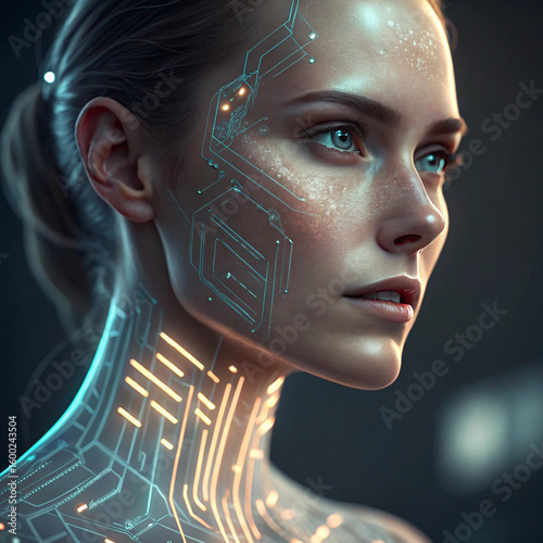 Close-up portrait of female android with glowing circuit patterns under skin | Futuristic Technology Concept