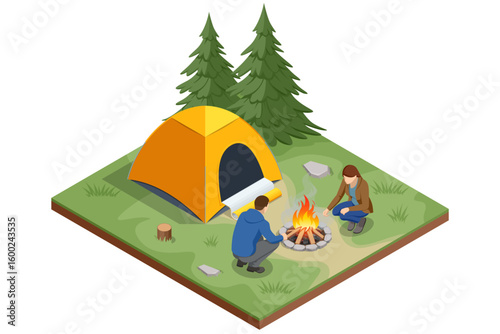 Preparing Campfire. An Isometric illustration of two people preparing a campfire, gathering firewood and arranging logs, with an axe nearby, in a natural setting.