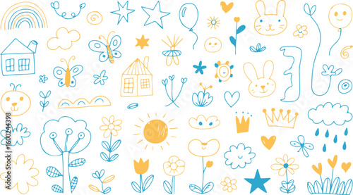 Hand Drawn Children's Drawings Vector Set with Houses, Flowers and Animals