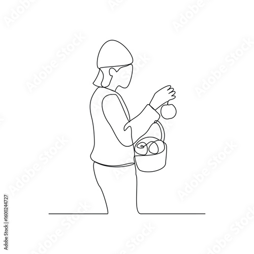 One continuous line drawing of a pick apples activity in the orchard vector illustration. agriculture activity in simple linear style vector design concept. Suitable design for your business purpose.