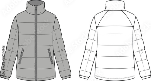 Front and back puffer jacket view, zip closure, high neck, long sleeves, technical winter wear, cad drawing flat vector illustration