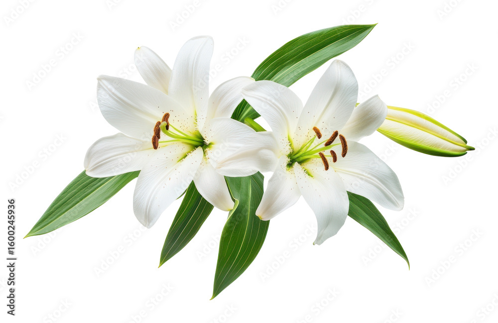 Fototapeta premium PNG White lily flowers with green leaves lilies floral white.