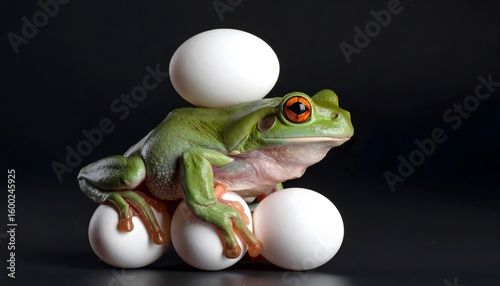 Katak pohon hijau cerah dengan mata oranye yang mencolok seimbang di atas piramida telur putih dengan latar belakang gelap, menampilkan kesenian alam.