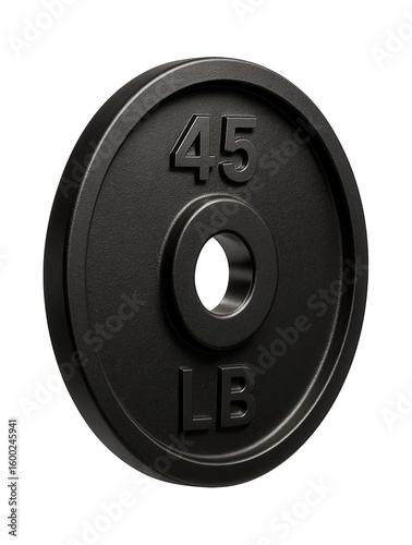 Black Olympic weight plate with raised lettering and beveled edges