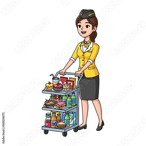 Cartoon flight attendant carrying a trolley with various foods. Colored cartoon with line art and white background. AI generated image.