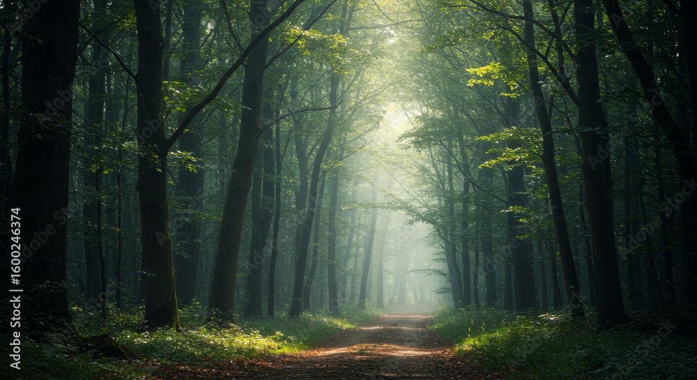 Naklejka premium Mystical forest path bathed in morning light through dense canopy of trees creates atmospheric scene