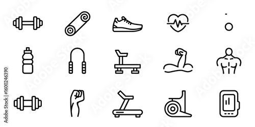 Fitness and Exercise Icon Set with Gym Equipment and Healthy Lifestyle Elements