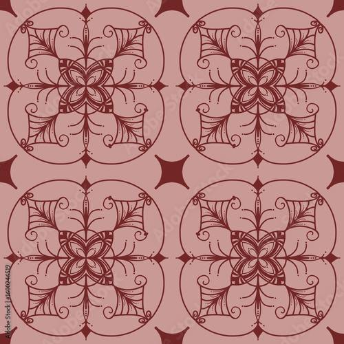 Elegant Red Floral Pattern on Soft Pink Background with Intricate Curved Shapes and Symmetrical Design for Decorative Art