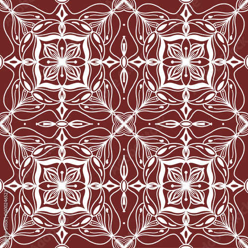 Elegant White Floral Design on Deep Red Background with Intricate Symmetrical Patterns and Detailed Line Art for Modern Decoration