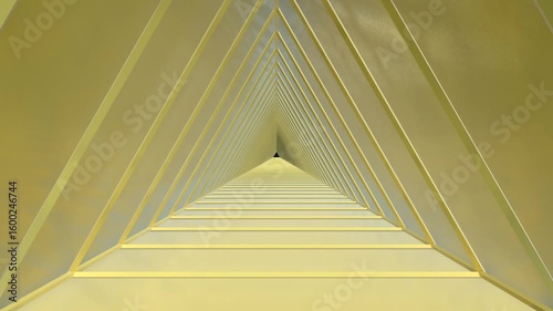 The seamless looping animation of flying through the abstract golden triangle corridor created by 3D modeling.