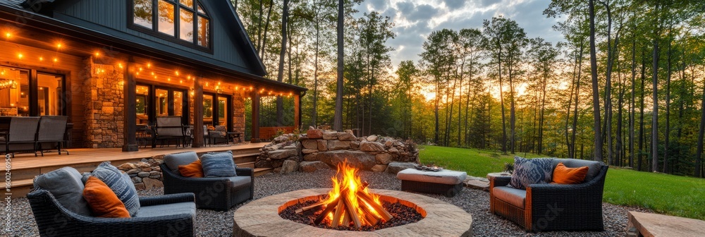 Obraz premium Stone fire pit in forest garden with string lights and elegant table setting, perfect for festive outdoor dining.