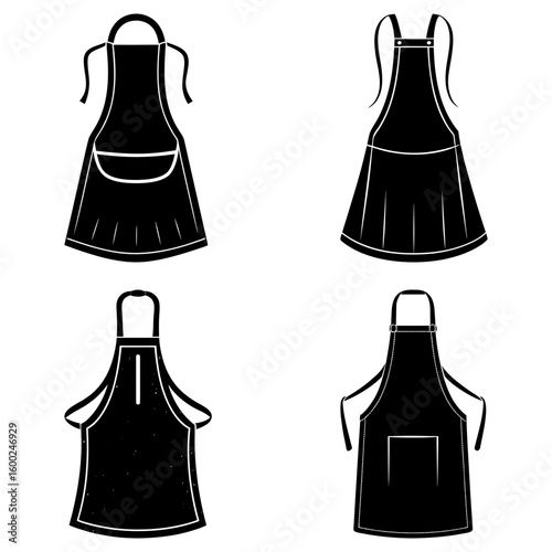 Illustration of four black aprons with different styles and pocket designs on a white background art