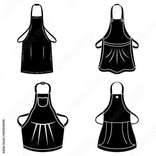 Illustration of four different black and white aprons with varying designs and styles displayed together