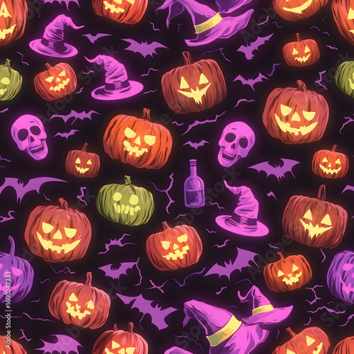 Halloween night magic with neon pumpkin faces