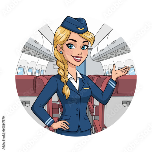Cartoon of a flight attendant giving safety instructions. Colored cartoon with line art and white background. AI generated image.
