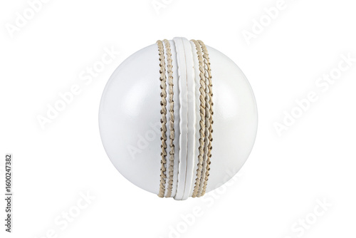 Close up of a white cricket ball with prominent stitching isolated on transparent background