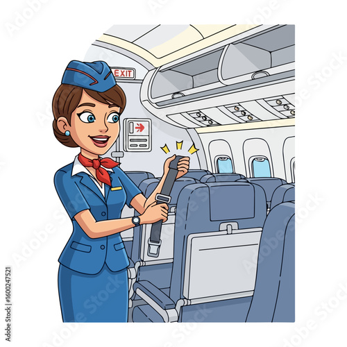 Cartoon of a flight attendant giving safety instructions. Colored cartoon with line art and white background. AI generated image.